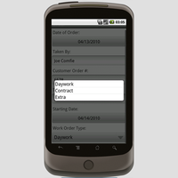 Order Screen.  This is the second screen in the application.  It captures basic information about the order, including the order date, the name of the electrician taking the order, the start date for the job, and the type of work.  Work types are configurable, but default to Daywork, Contract or Extra.