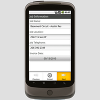 Job Information Screen.  This is the third screen in the application.  It captures details about the job, which may be different than the customer information.  Job information includes the job name, location, contact information and invoice date.  