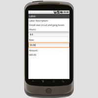 Labor Screen.  This is the 6th screen in the application.  It lets you build a list of labor services performed on the work order.  Each item in the list has a number of hours and a labor rate associated with it.  The amount calculates hours * rate. 