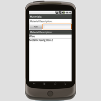 Materials List Screen.  This is the 7th screen in the application.  You can build a list of materials used on the job, including the quantity and price for each material.  Canvas automatically calculates the amount of the work order line item by multiplying quantity times price. 