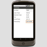 Order Summary Screen.  The final screen of the application totals the lists of labor and materials used on the job.  The tax rate defaults to 5%, but you can change it to calculate tax and the grand total for the job.  Enter the name of the customer or job manager to finalize the work order and send it for invoicing.  