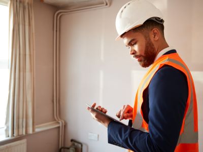 man holding tablet performing home inspection