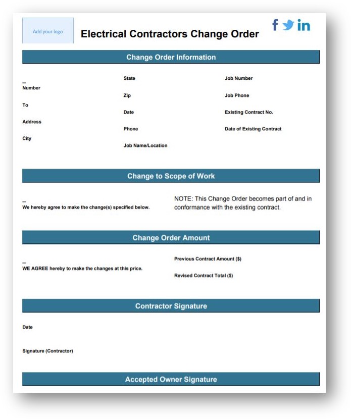 electrical contractors changer order template