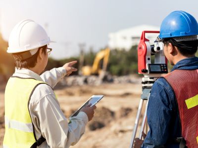 Two men on construction site using land surveyor equipment