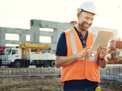 man working on construction work order on tablet at construction site